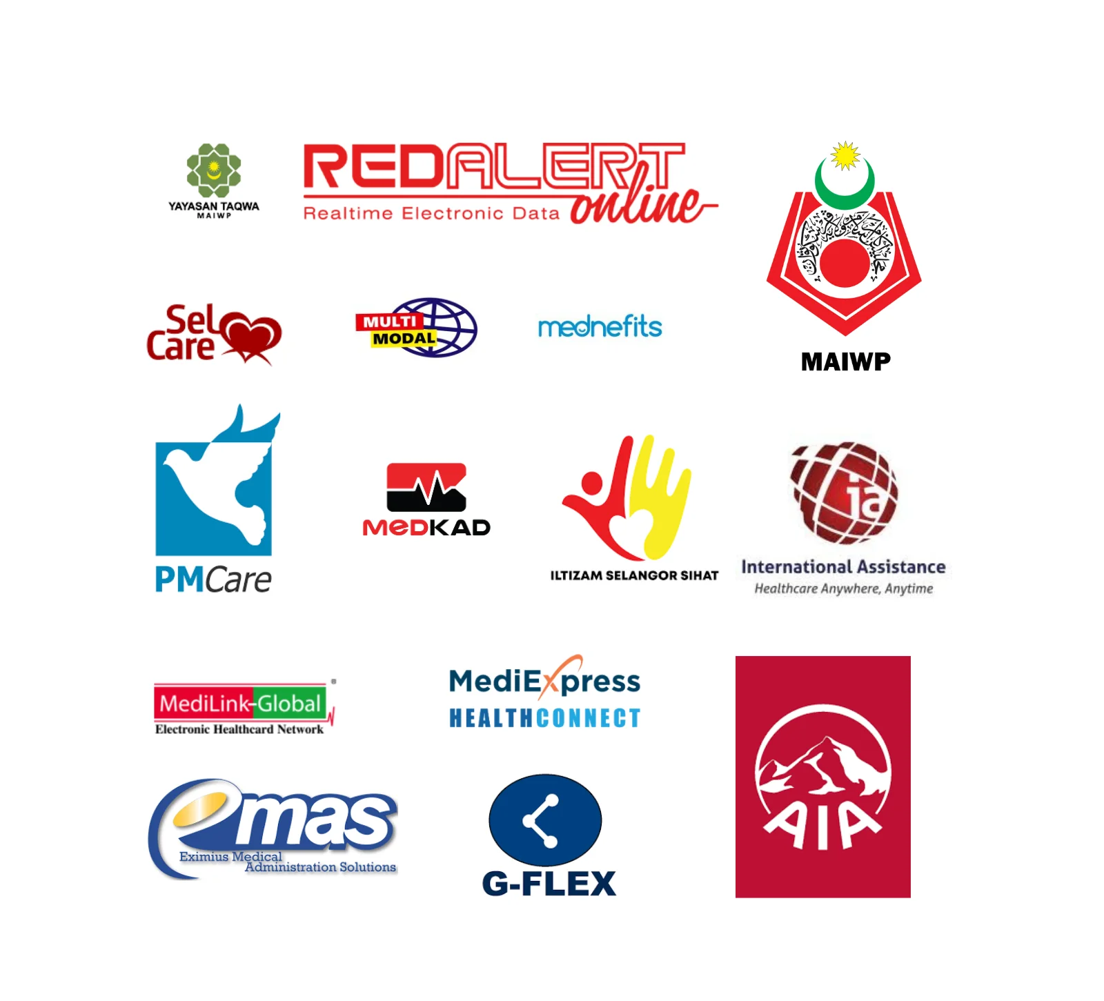 Panel korporat dan insurans Klinik Pusrawi Kompleks Amaniah - Yayasan Taqwa, Red Alert Online, Sel Care, Multi Modal, Mednefits, MAIWP, PMCare, MedKad, Iltizam Selangor Sihat, International Assistance, MediLink-Global, MediExpress HealthConnect, EMAS, G-Flex, AIA